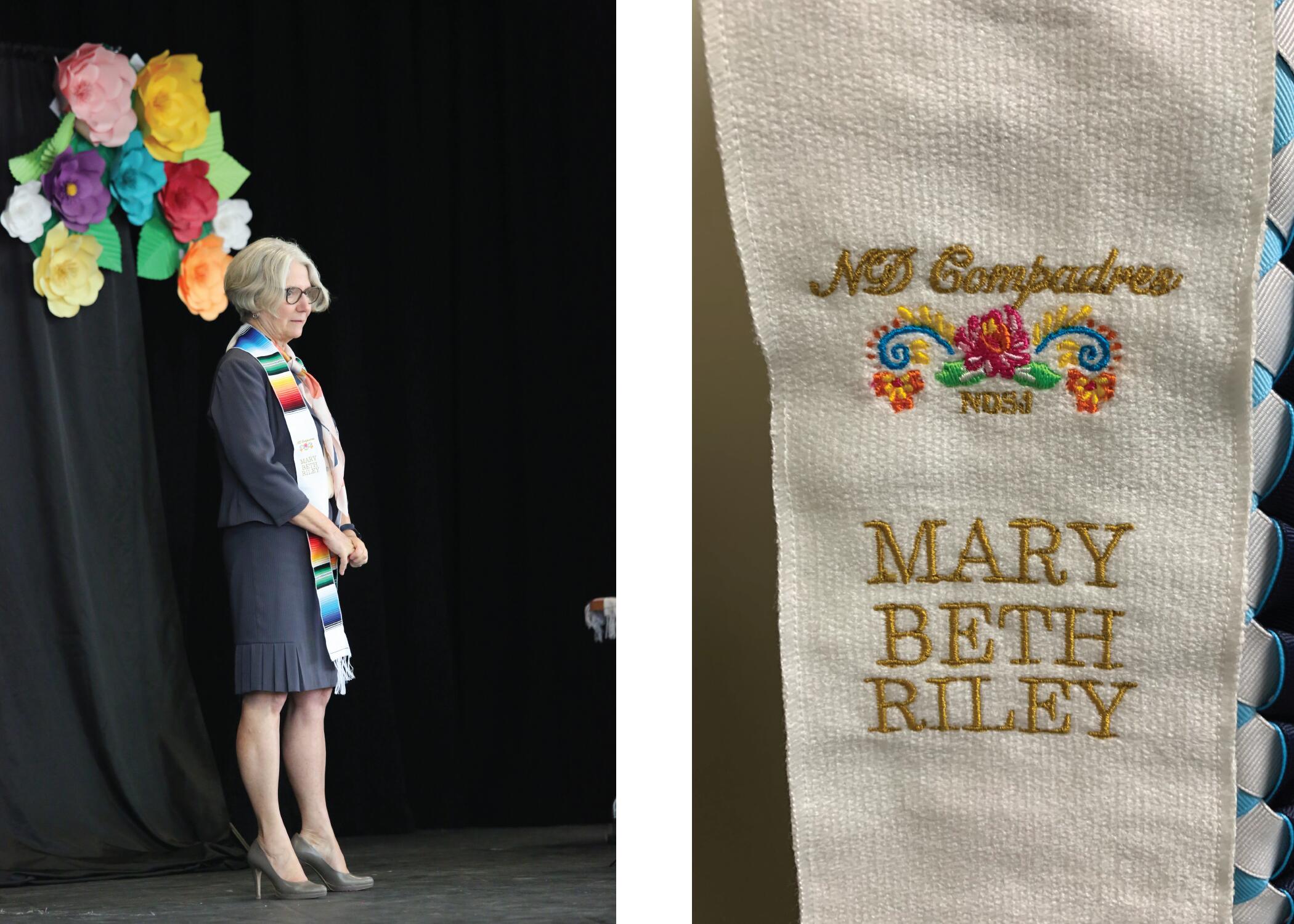 Mary Beth Riley wearing a personalized cultural stole
