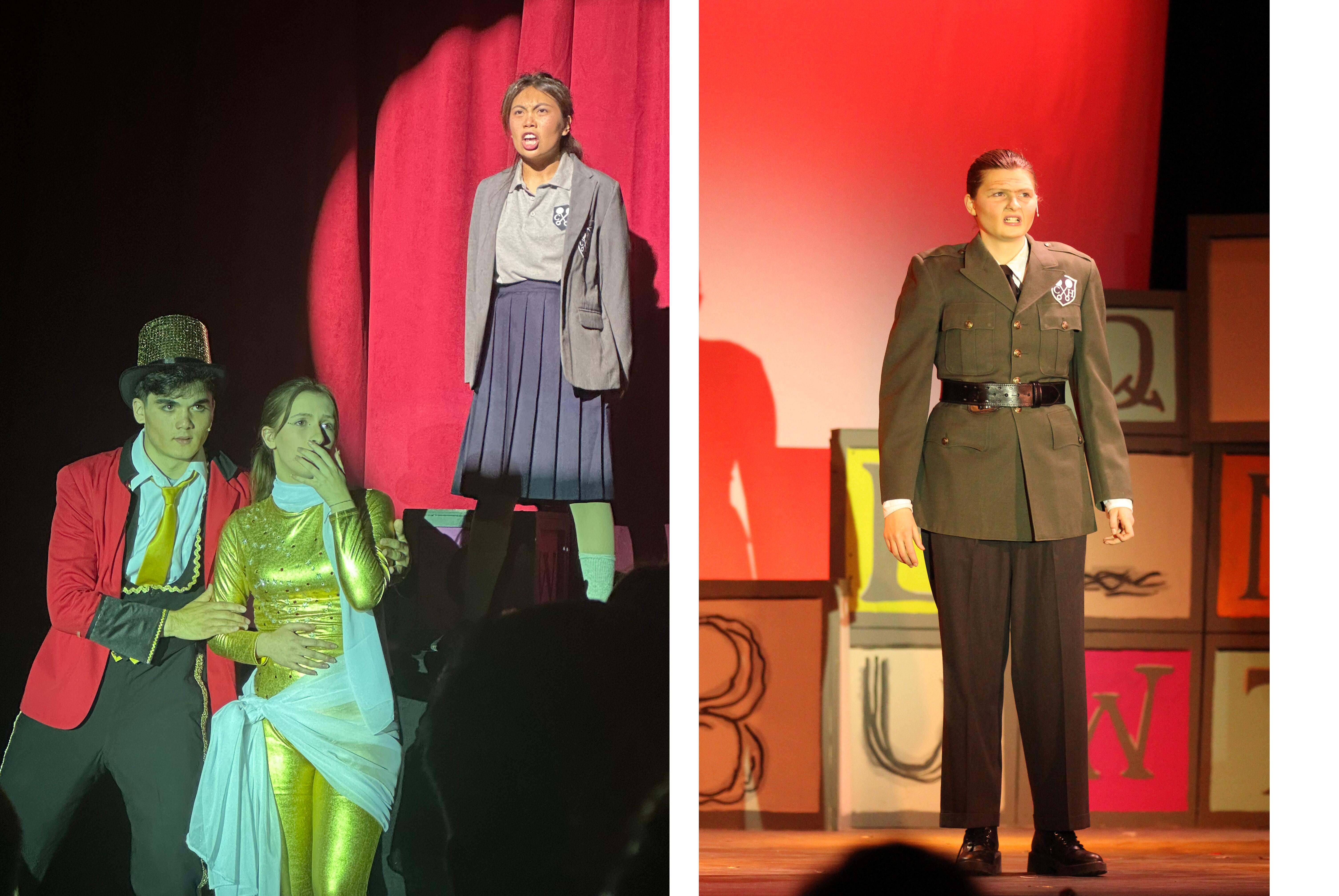 scene of Matilda telling the story of Ms. Honey's parents, who are also on stage, and a scene with Ms. Trunchbull